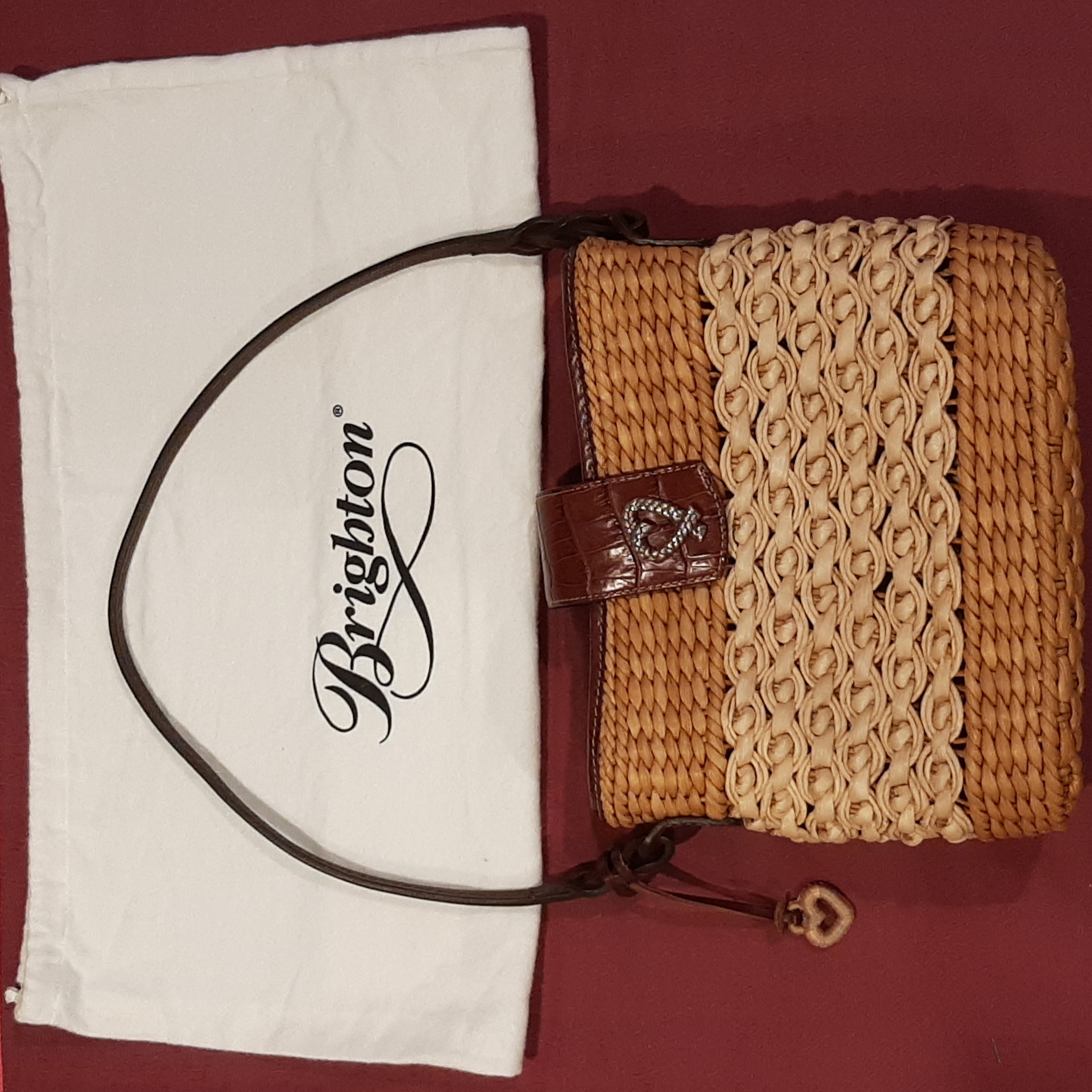 Women's Brighton Shoulder Leather And Woven Handbag W/Dust Bag Like New